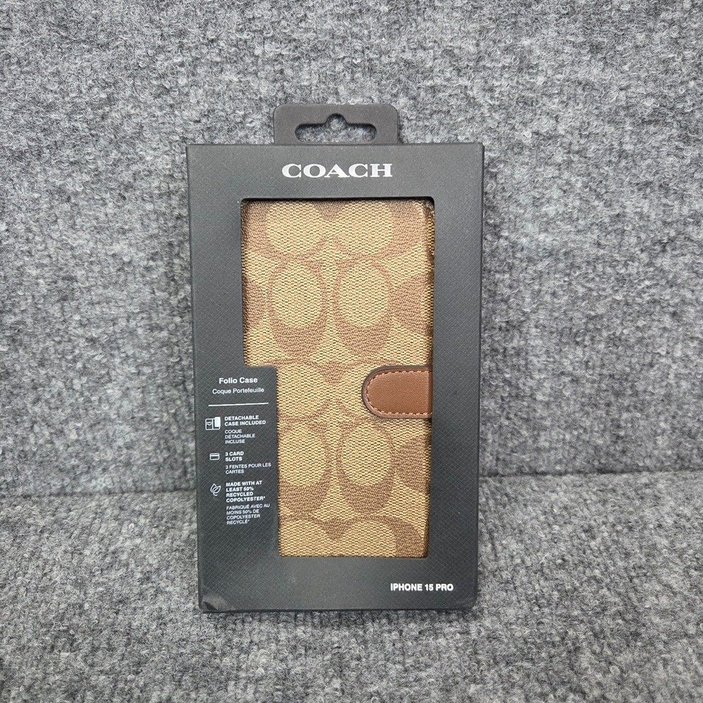 Coach Brown/Beige Signature Folio Phone Case w/ Card Pocket iPhone 15 pro